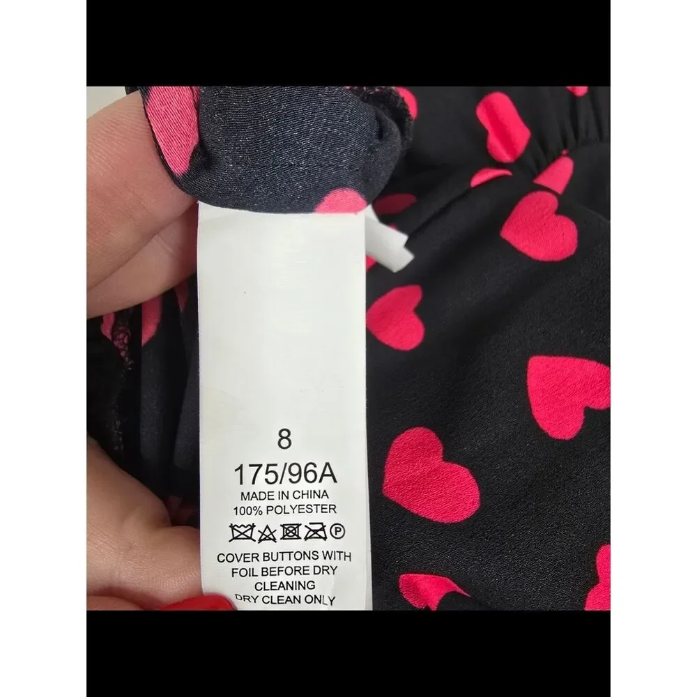 Kate Spade New York Black Pink Heart Print Tie Neck Dress Size 8